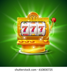 Golden slot machine wins the jackpot. Isolated on green background. Vector illustration