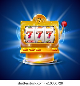 Golden slot machine wins the jackpot. Isolated on blue background. Vector illustration