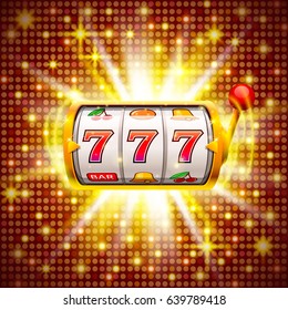 Golden slot machine wins the jackpot. Isolated on red background. Vector illustration