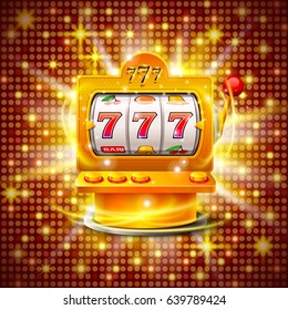 Golden slot machine wins the jackpot. Isolated on red background. Vector illustration