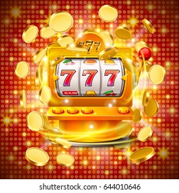 Golden slot machine wins the jackpot. Isolated on red background. Vector illustration