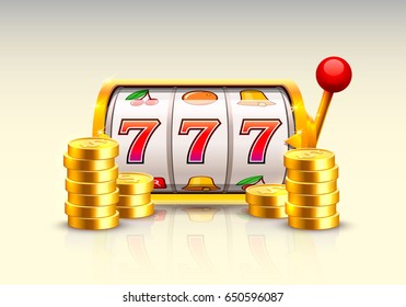 Golden slot machine wins the jackpot. Piles of gold coins. Vector illustration isolated on white background