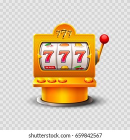 Golden slot machine wins the jackpot. Vector illustration isolated on a transparent background