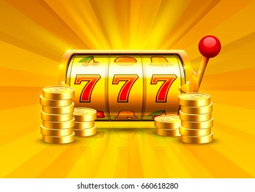 Golden slot machine wins the jackpot. Piles of gold coins. Vector illustration isolated on orange background