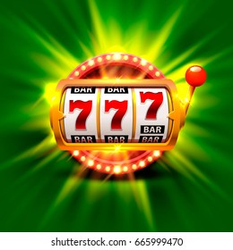 Golden slot machine wins the jackpot. Isolated on green background. Vector illustration