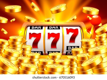 Golden slot machine wins the jackpot. Piles of gold coins. Vector illustration isolated on blue background