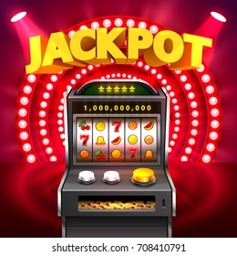 Golden slot machine wins the jackpot. Isolated on red background. Vector illustration
