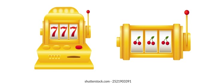 Golden slot machines with jackpot. Fortune machine with sevens and red cherries.