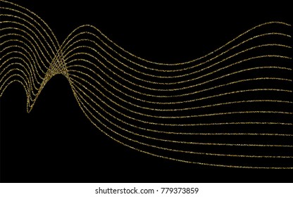 Golden small confetti on a black background. Luxury festive background. Golden abstraction from the points scattered over the black background. Design element for postcard, poster, banner. Vector