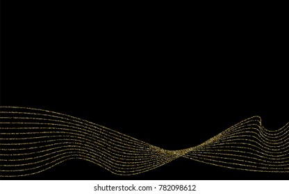 Golden small confetti on a black background. Luxury festive background. Golden abstraction from the points scattered over the black background. Design element for postcard, poster, banner. Vector