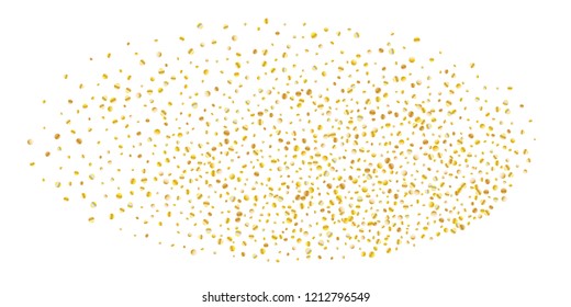 Golden small confetti on white background. Luxury festive New Year background. Gold shiny abstract texture. Element of design. Vector illustration, EPS 10.