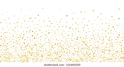 Golden small confetti on white background. Luxury festive New Year background. Gold shiny abstract texture. Element of design. Vector illustration, EPS 10.