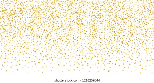 Golden small confetti on white background. Luxury festive New Year background. Gold shiny abstract texture. Element of design. Vector illustration, EPS 10.