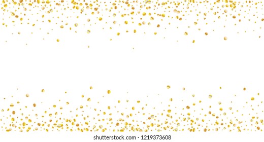 Golden small confetti on white background. Luxury festive New Year background. Gold shiny abstract texture. Element of design. Vector illustration, EPS 10.