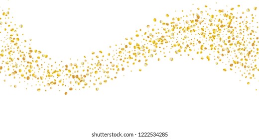 Golden small confetti on white background. Luxury festive New Year background. Gold shiny abstract texture. Element of design. Vector illustration, EPS 10.