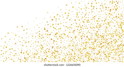 Golden small confetti on white background. Luxury festive New Year background. Gold shiny abstract texture. Element of design. Vector illustration, EPS 10.