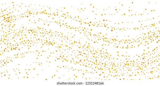 Golden small confetti on white background. Luxury festive New Year background. Gold shiny abstract texture. Element of design. Vector illustration, EPS 10.