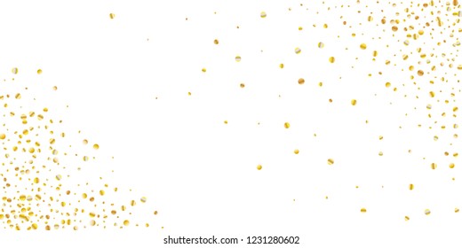 Golden small confetti on white background. Luxury festive New Year background. Gold shiny abstract texture. Element of design. Vector illustration, EPS 10.