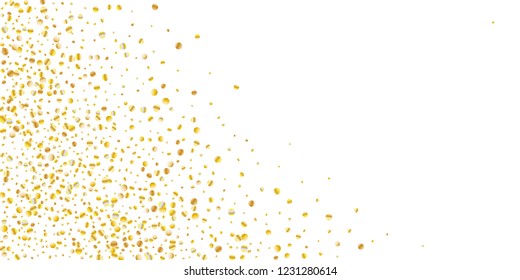 Golden small confetti on white background. Luxury festive New Year background. Gold shiny abstract texture. Element of design. Vector illustration, EPS 10.