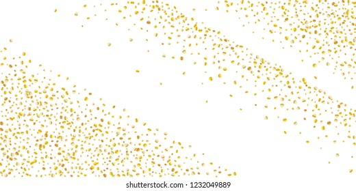 Golden small confetti on white background. Luxury festive New Year background. Gold shiny abstract texture. Element of design. Vector illustration, EPS 10.