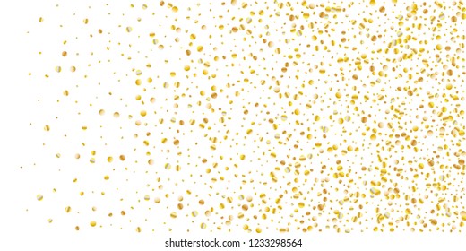 Golden small confetti on white background. Luxury festive New Year background. Gold shiny abstract texture. Element of design. Vector illustration, EPS 10.
