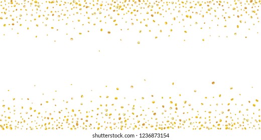 Golden small confetti on white background. Luxury festive New Year background. Gold shiny abstract texture. Element of design. Vector illustration, EPS 10.