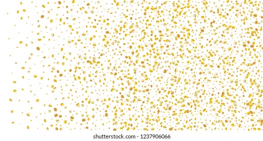 Golden small confetti on white background. Luxury festive New Year background. Gold shiny abstract texture. Element of design. Vector illustration, EPS 10.