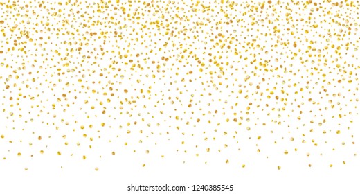 Golden small confetti on white background. Luxury festive New Year background. Gold shiny abstract texture. Element of design. Vector illustration, EPS 10.