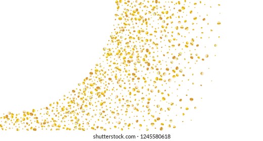 Golden small confetti on white background. Luxury festive New Year background. Gold shiny abstract texture. Element of design. Vector illustration, EPS 10.