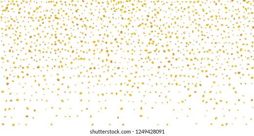 Golden small confetti on white background. Luxury festive New Year background. Gold shiny abstract texture. Element of design. Vector illustration, EPS 10.