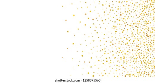 Golden small confetti on white background. Luxury festive New Year background. Gold shiny abstract texture. Element of design. Vector illustration, EPS 10.