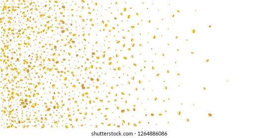 Golden small confetti on white background. Luxury festive New Year background. Gold shiny abstract texture. Element of design. Vector illustration, EPS 10.