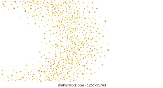 Golden small confetti on white background. Luxury festive New Year background. Gold shiny abstract texture. Element of design. Vector illustration, EPS 10.
