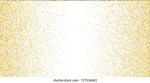 Golden small confetti on white background. Luxury festive New Year background. Gold shiny abstract texture. Element of design. Vector illustration, EPS 10.