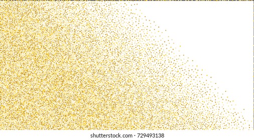 Golden small confetti on white background. Luxury festive New Year background. Gold shiny abstract texture. Element of design. Vector illustration, EPS 10.