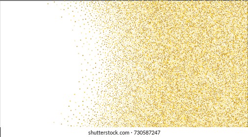 Golden small confetti on white background. Luxury festive New Year background. Gold shiny abstract texture. Element of design. Vector illustration, EPS 10.