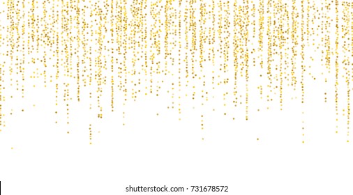 Golden small confetti on white background. Luxury festive New Year background. Gold shiny abstract texture. Element of design. Vector illustration, EPS 10.