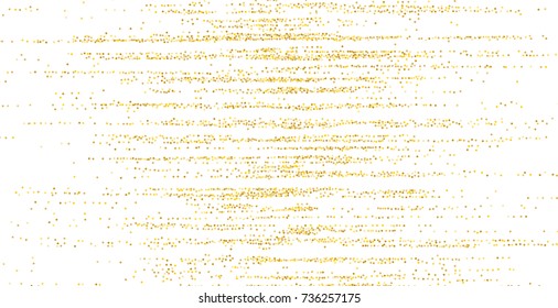 Golden small confetti on white background. Luxury festive New Year background. Gold shiny abstract texture. Element of design. Vector illustration, EPS 10.