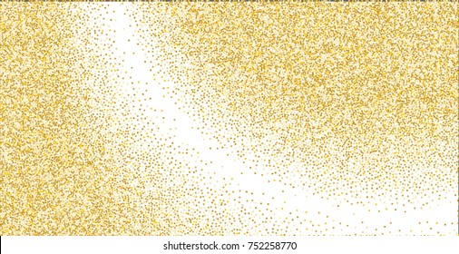 Golden small confetti on white background. Luxury festive New Year background. Gold shiny abstract texture. Element of design. Vector illustration, EPS 10.