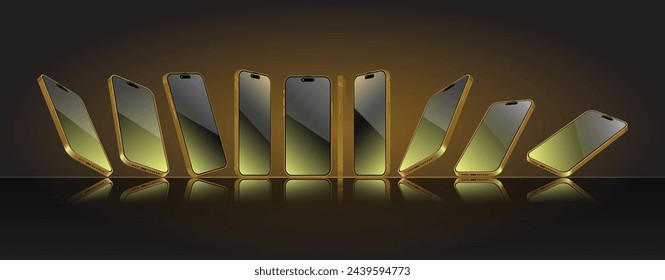 Golden Smartphone mock-up in different angles collection. 3D perspective view mobile phone and cellphone mockup. Front, perspective side view template. Vector.