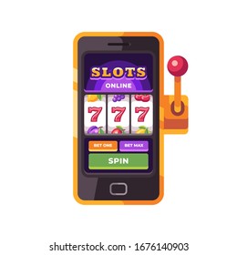 Golden smartphone with slots game on screen. Online casino flat illustration
