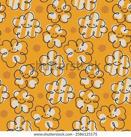 Golden Smiley Abstract Pattern. A seamless pattern with hand-drawn smiling shapes, accented with soft striped and polka dot details and scattered mini stars on a golden background.