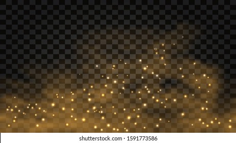 Golden smoke with glow effect. Abstract gold fog with light sparkles, star dust, glitter. Vector illustration
