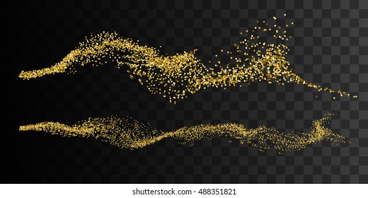 Golden smoke imitation. Abstract vector illustration of gold smoke stream on checkered transparent background. Glittering golden stream of sparkles
