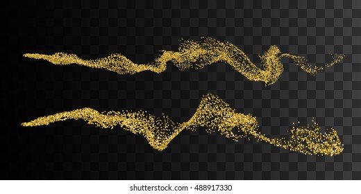 Golden smoke imitation. Abstract vector illustration of gold smoke stream on checkered transparent background. Glittering golden stream of sparkles