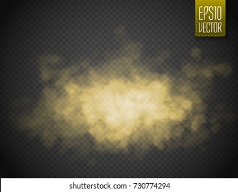 Golden smoke isolated transparent special effect. Yellow vector cloudiness, mist or smog background. Vector illustration