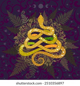 Golden snake, 2025 and Happy New Year on a dark background. Magical snak vector design in luxury gold color decorated with esoteric objects moon, stars. Mystical collection of Chinese new year symbol 