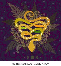 Golden snake, 2025 and Happy New Year on a dark background. Magical snak vector design in luxury gold color decorated with esoteric objects moon, stars. Mystical collection of Chinese new year symbol 