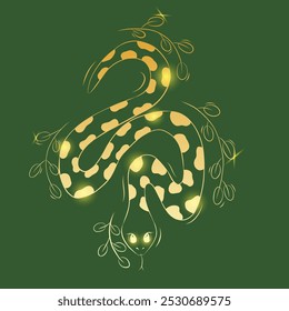 Golden Snake with Botanical Elements. Vector Illustration