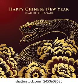 Golden Snake with chinese flower illustration, chinese horoscope zodiac sign, year of the snake 2025